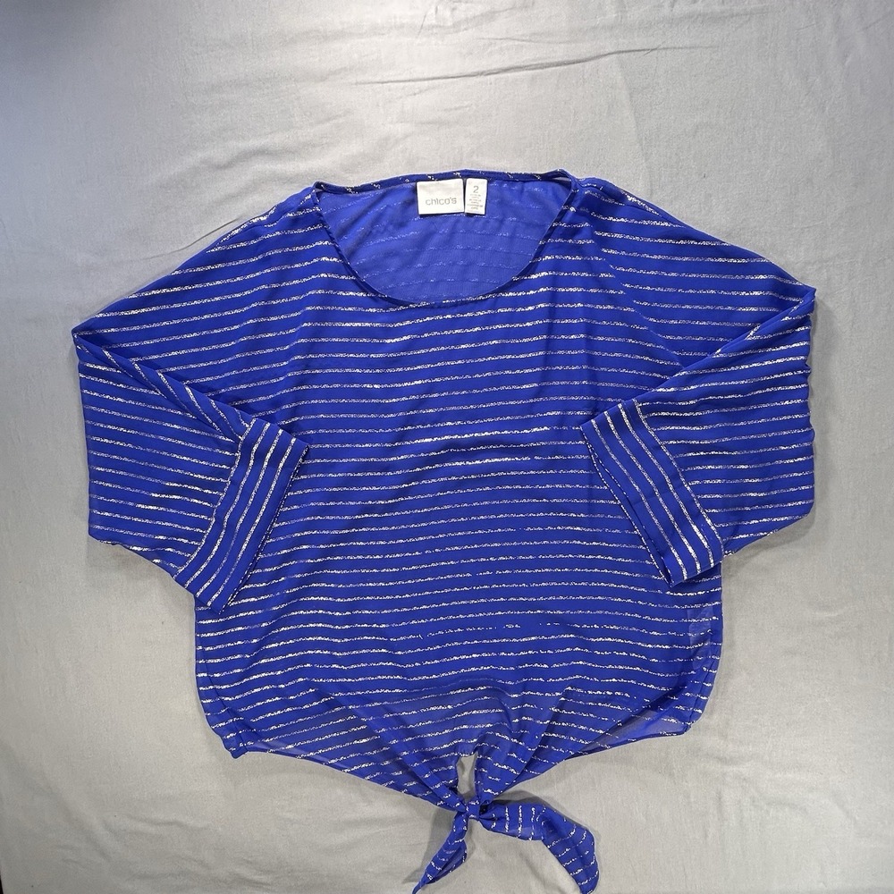 Chico's‎ sheer royal blue top silver metallic stripes Women's 2/large with wear
